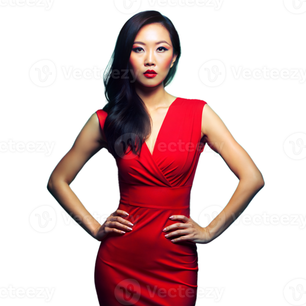 Elegant Woman in Red Dress Posing With Confidence Against Transparent Background in Studio Setting png