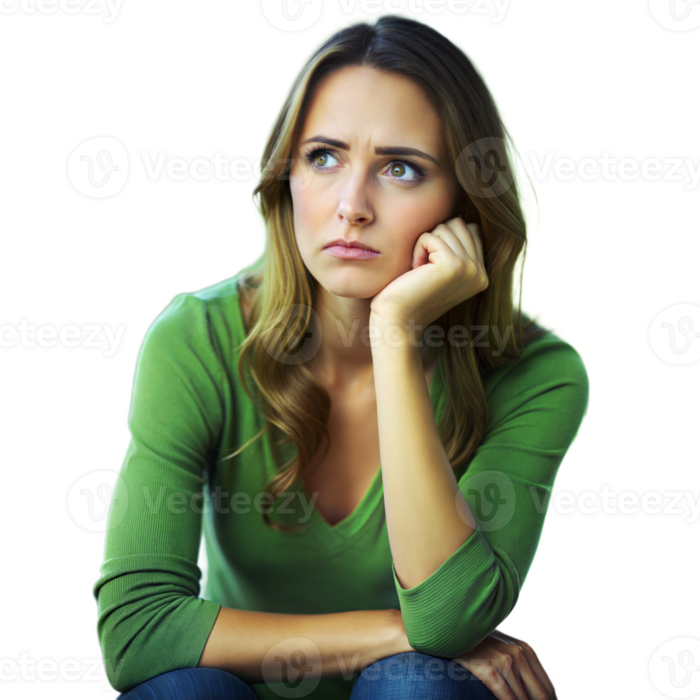 Thoughtful Young Woman in Green Sweater Sitting Indoors in Daytime png