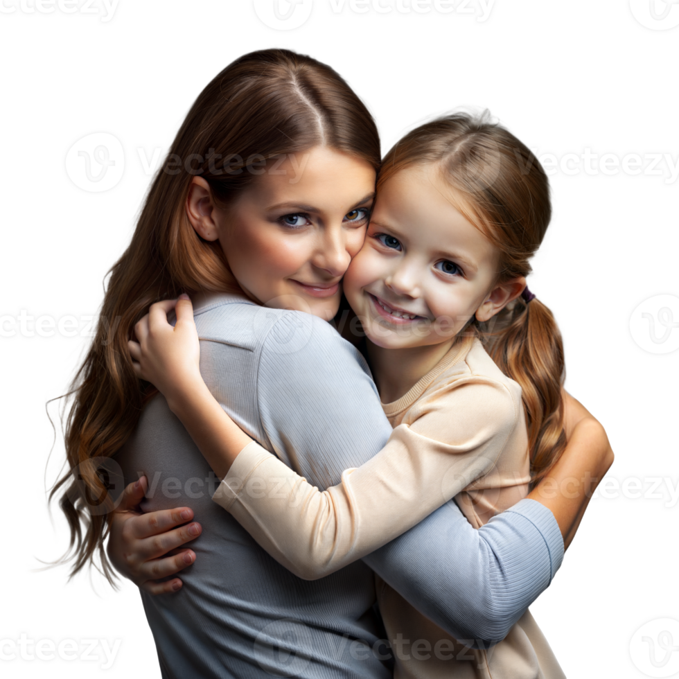 Smiling Young Woman and Child Embracing in a Warm Hug Indoors png