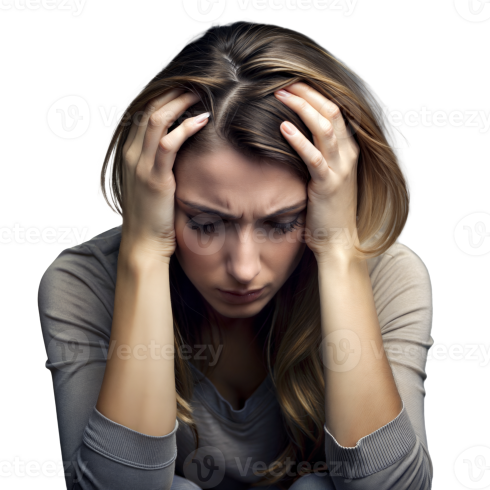 Young Woman Holding Her Head in Hands Showing Signs of Stress or Headache png
