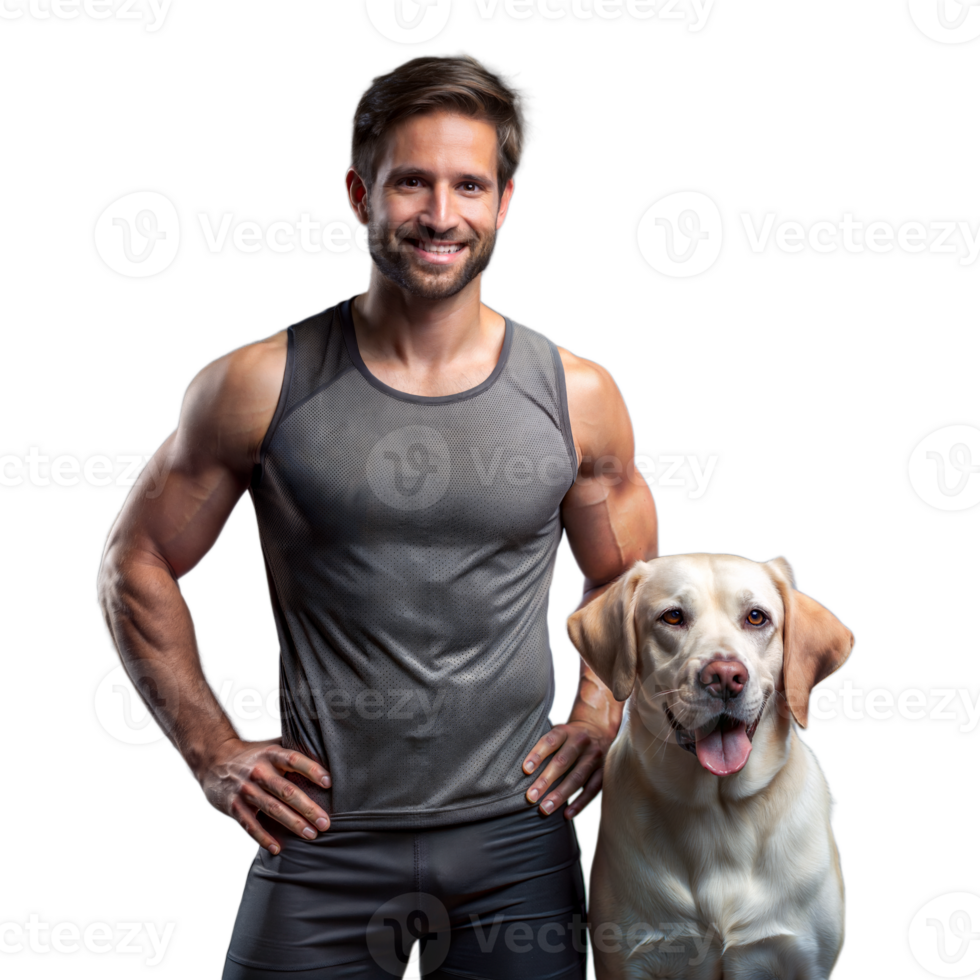 Man in Gray Athletic Wear Standing Next to Labrador Retriever in Studio, Midday png