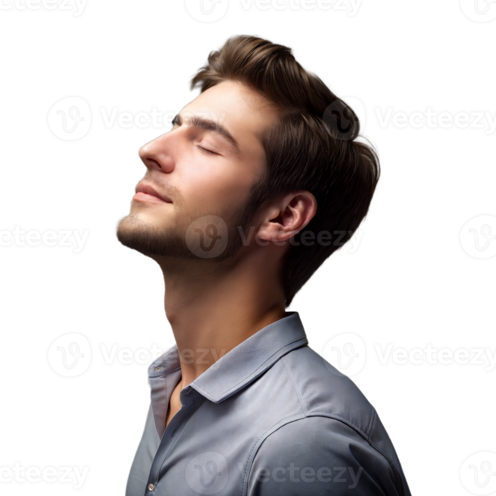 Young Man Enjoying a Moment of Relaxation With Eyes Closed and Head Tilted Upward png