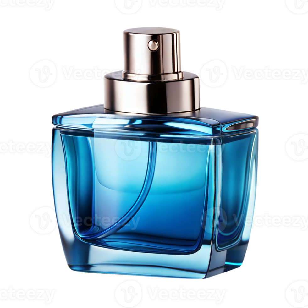 Stylish Blue Glass Perfume Bottle on Transparent Background Displaying Branding Elements png