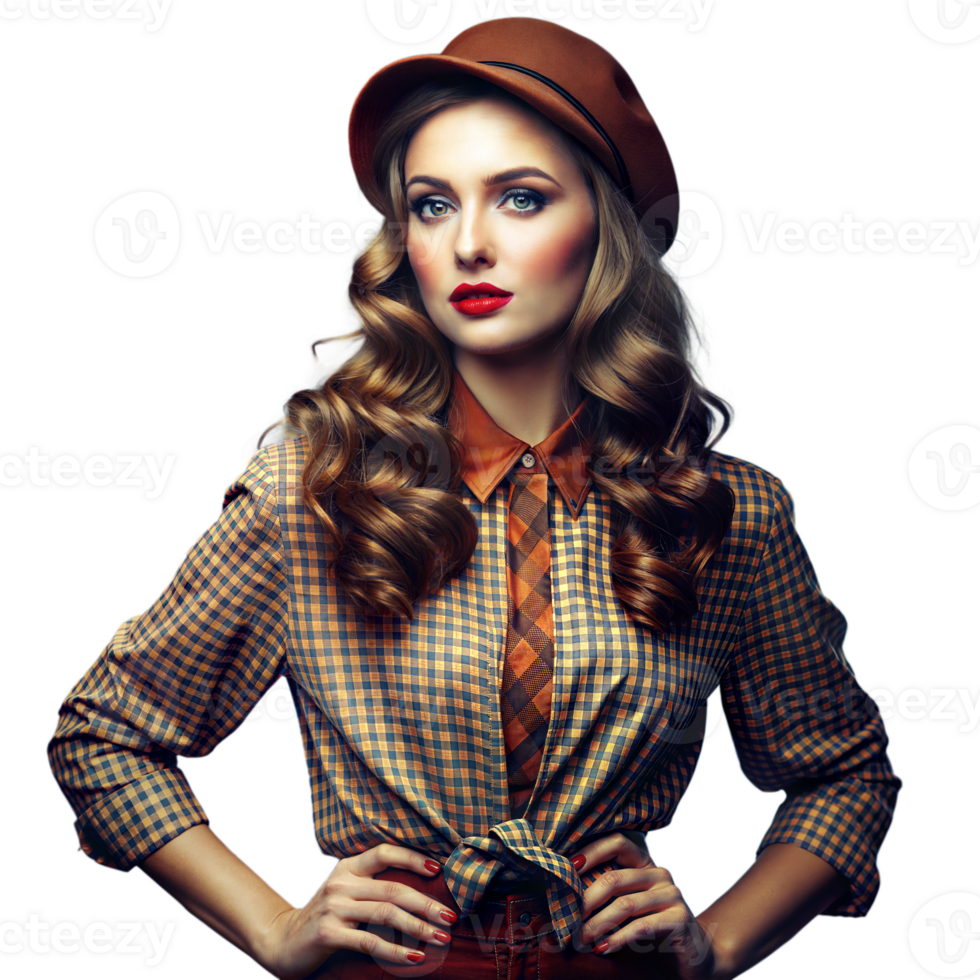 Stylish Woman in Vintage Attire Posing With Confidence Against a Transparent Background png