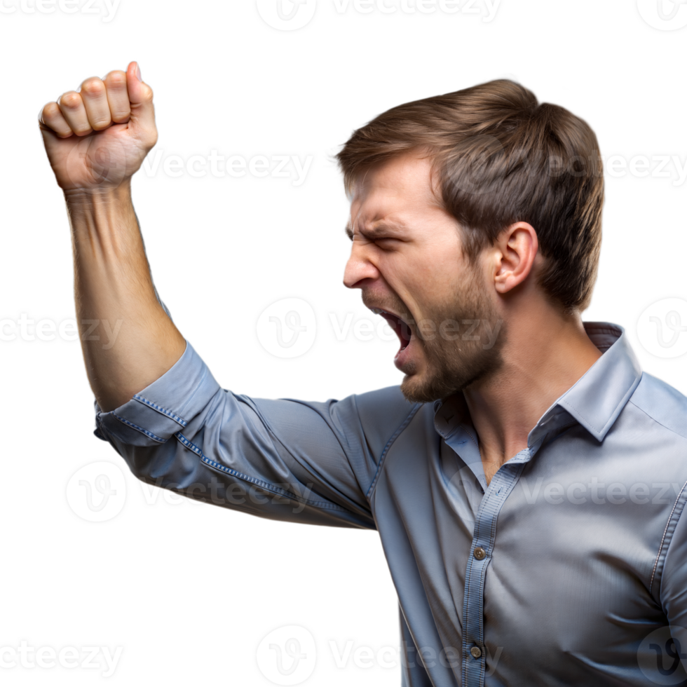 Enthusiastic Young Man Raising Fist in Victory on Transparent Background png
