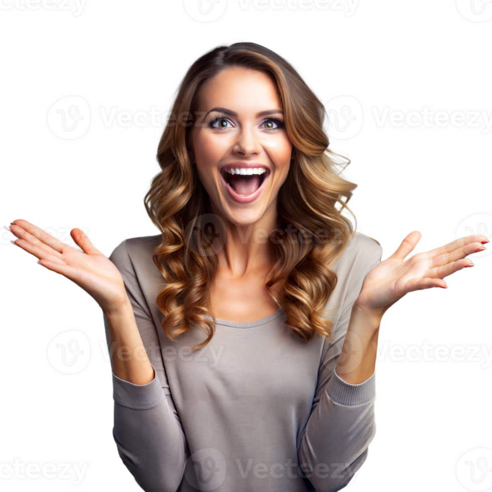 Excited Young Woman With Arms Outstretched and Wide Smile Against a Transparent Background png
