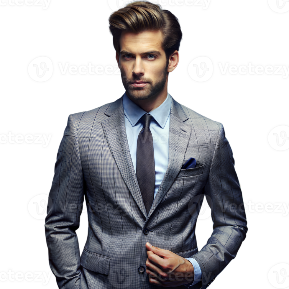 Confident Businessman in Stylish Grey Suit Standing With Hands in Pockets png