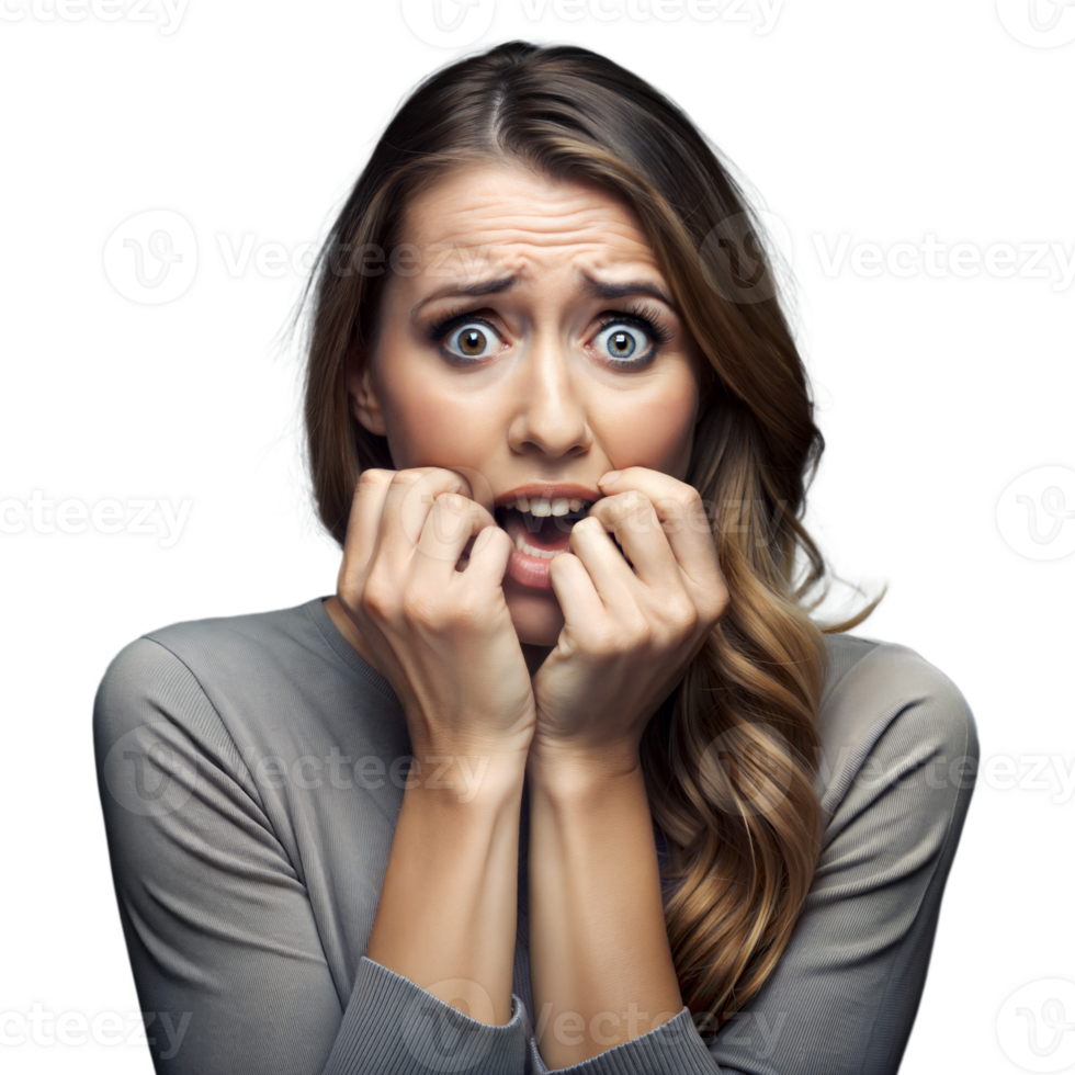 Woman With Anxious Expression Holding Hands to Mouth Indoors During Daytime png