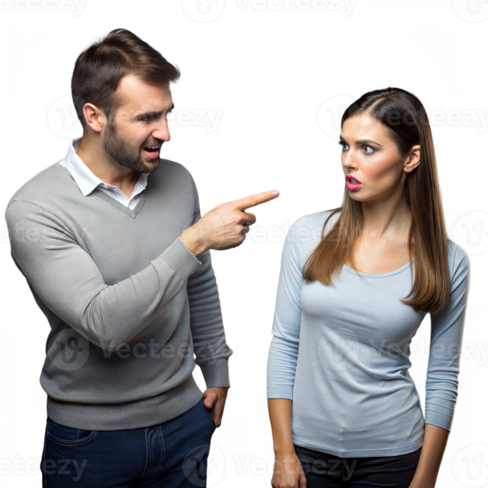 Man in Gray Sweater Pointing Finger at Surprised Woman in Studio Setting png