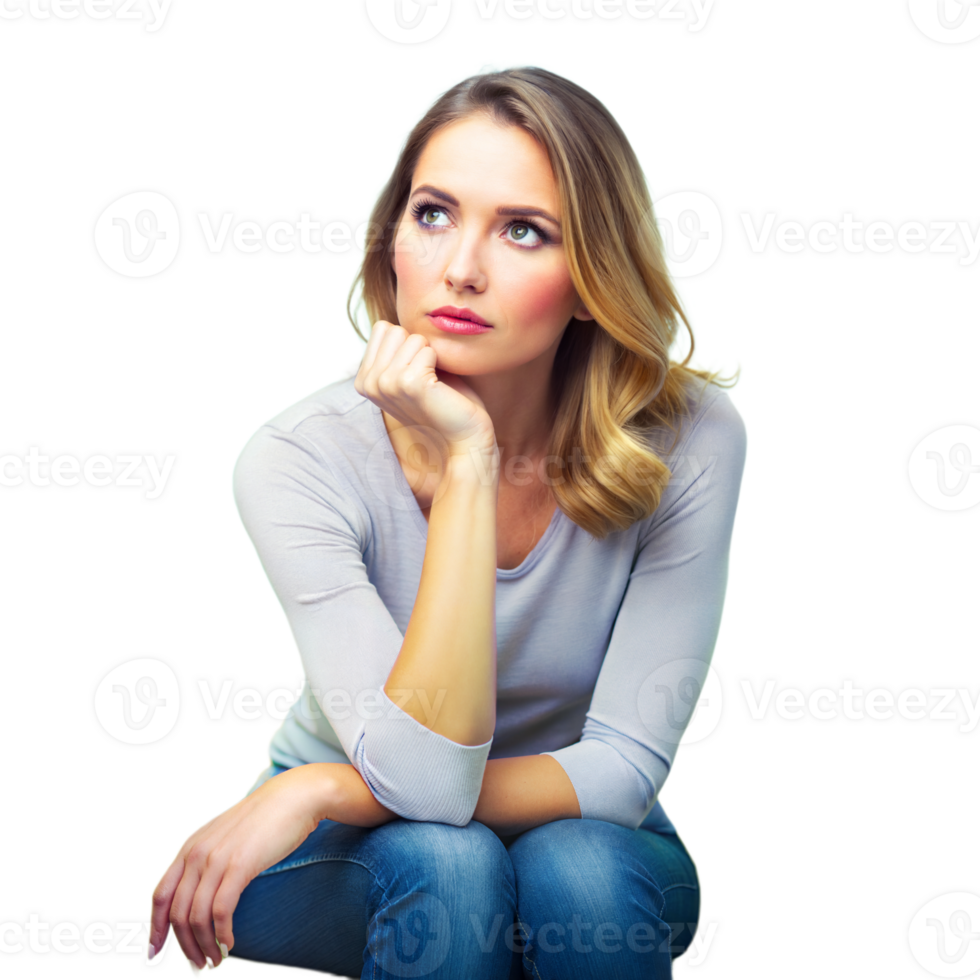 Thoughtful Woman Sitting Indoors in Casual Attire During Daytime png