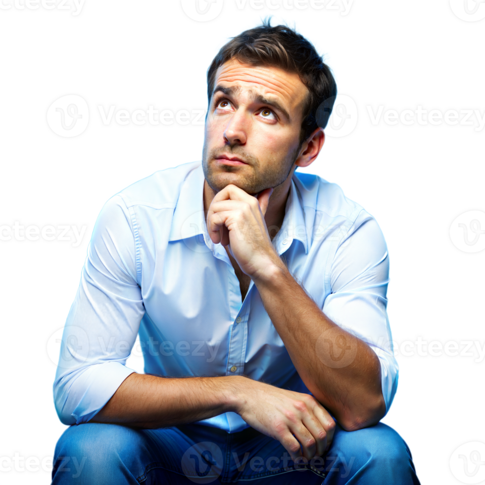 Thoughtful Man Sitting and Looking Up in Studio Lighting Midday png