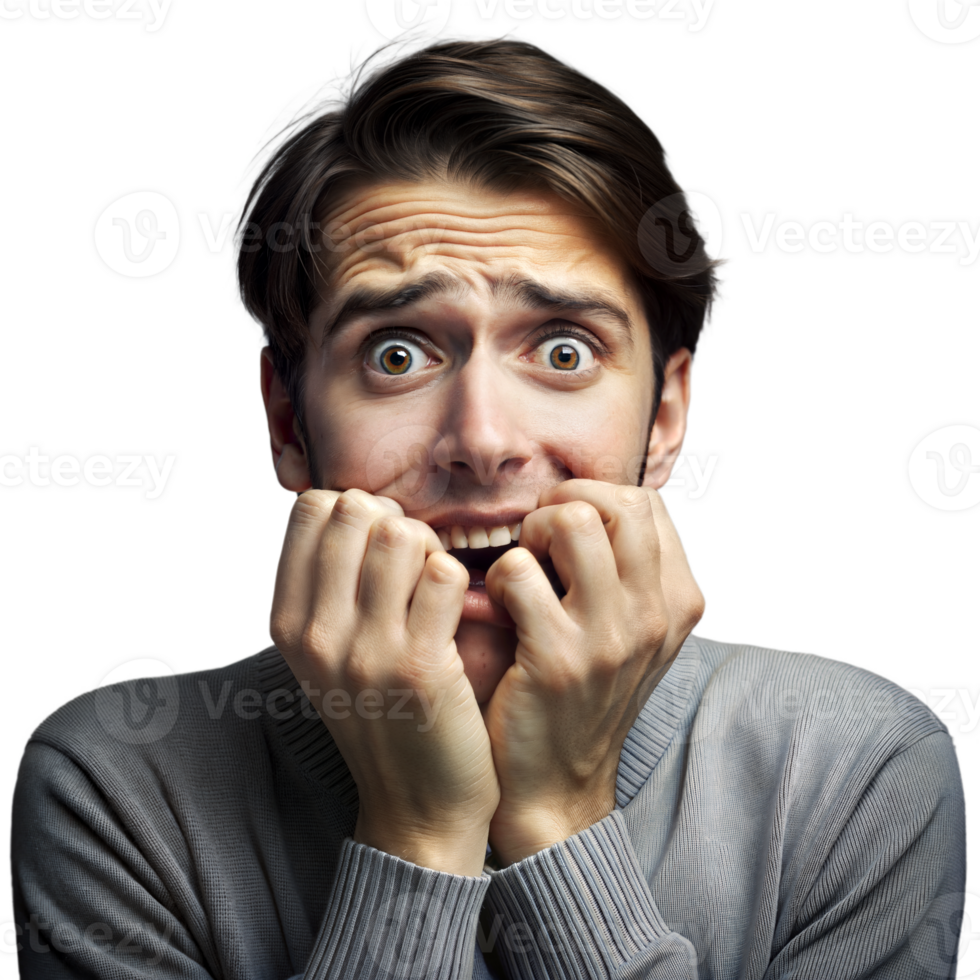 Young Man in a Gray Sweater Looking Anxious on a Transparent Background in Broad Daylight png