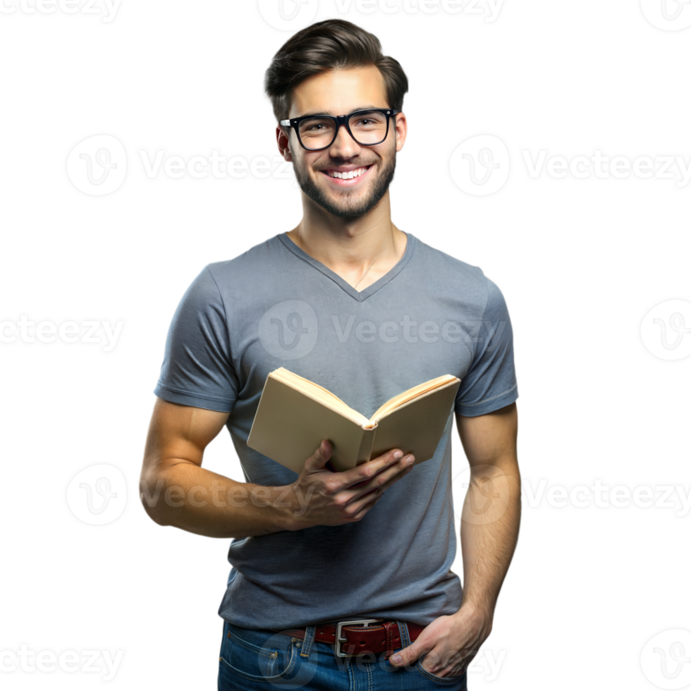 Young Man Reading a Book in Casual Attire During Daytime Indoors png