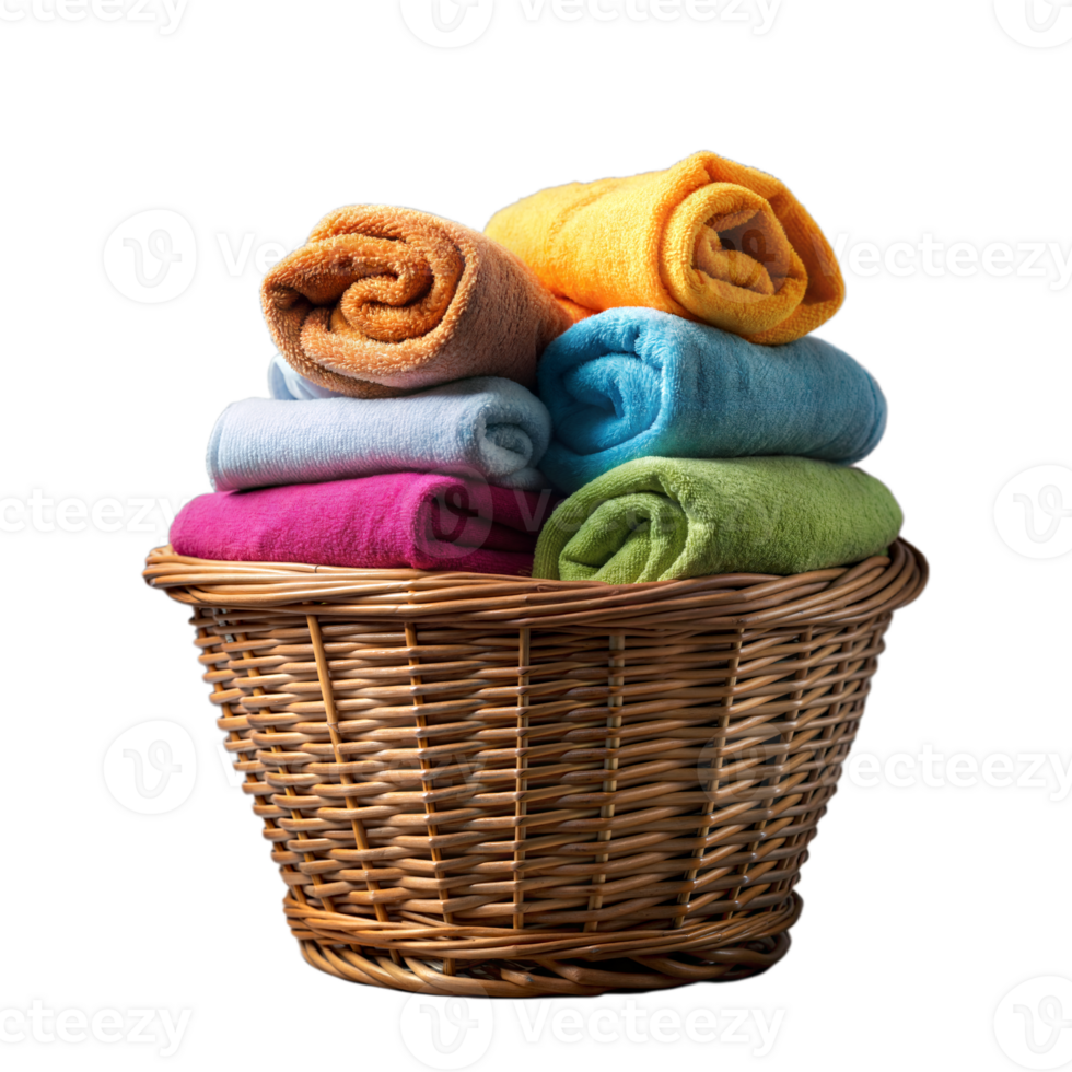 Colorful Rolled Towels Neatly Arranged in a Wicker Basket png