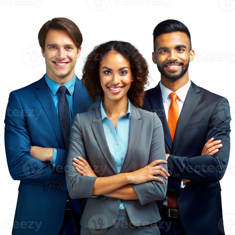Three Business Professionals Smiling Confidently in Studio Portrait on a Bright Day png