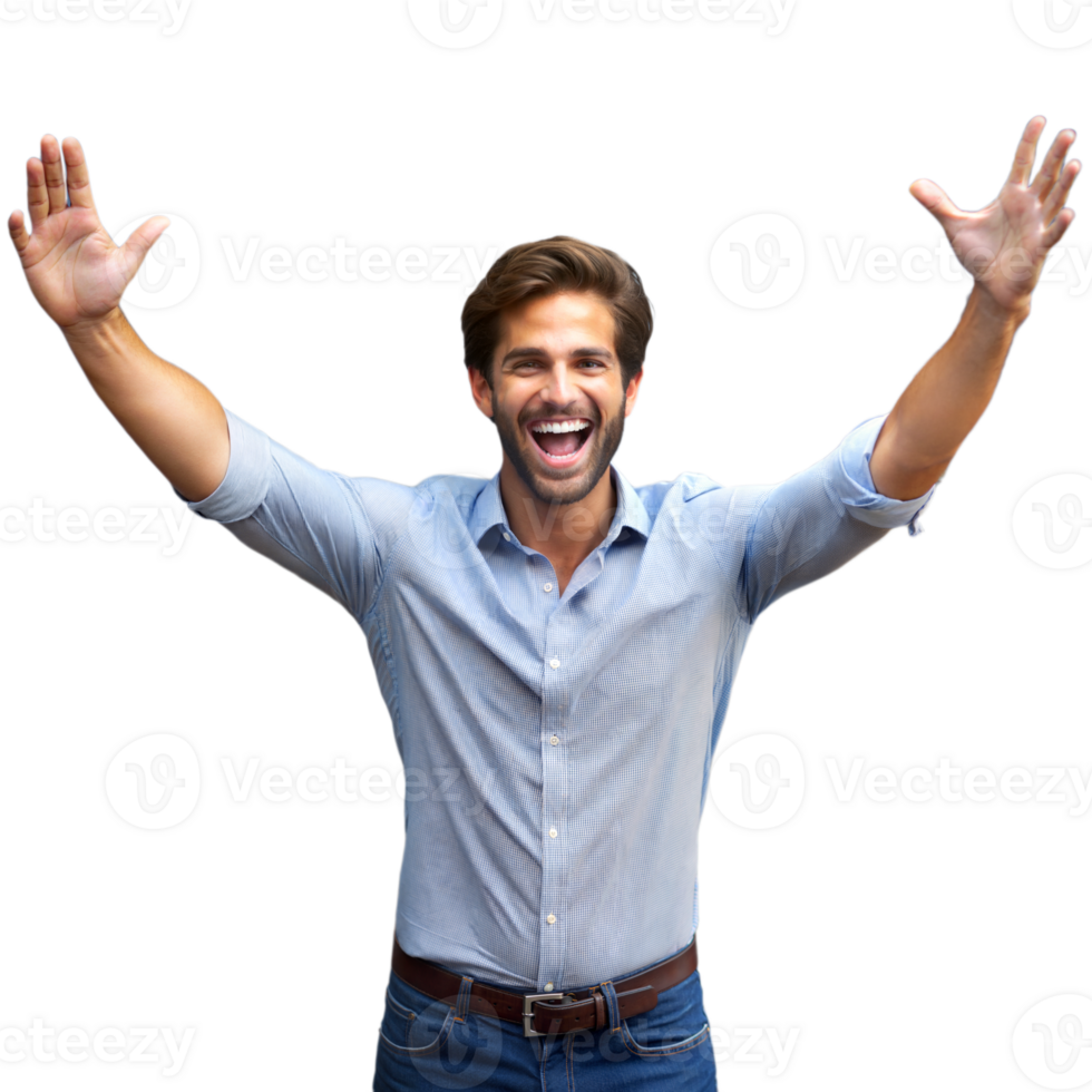 Jubilant Young Man Raising His Hands in Cheer Against a Transparent Background png
