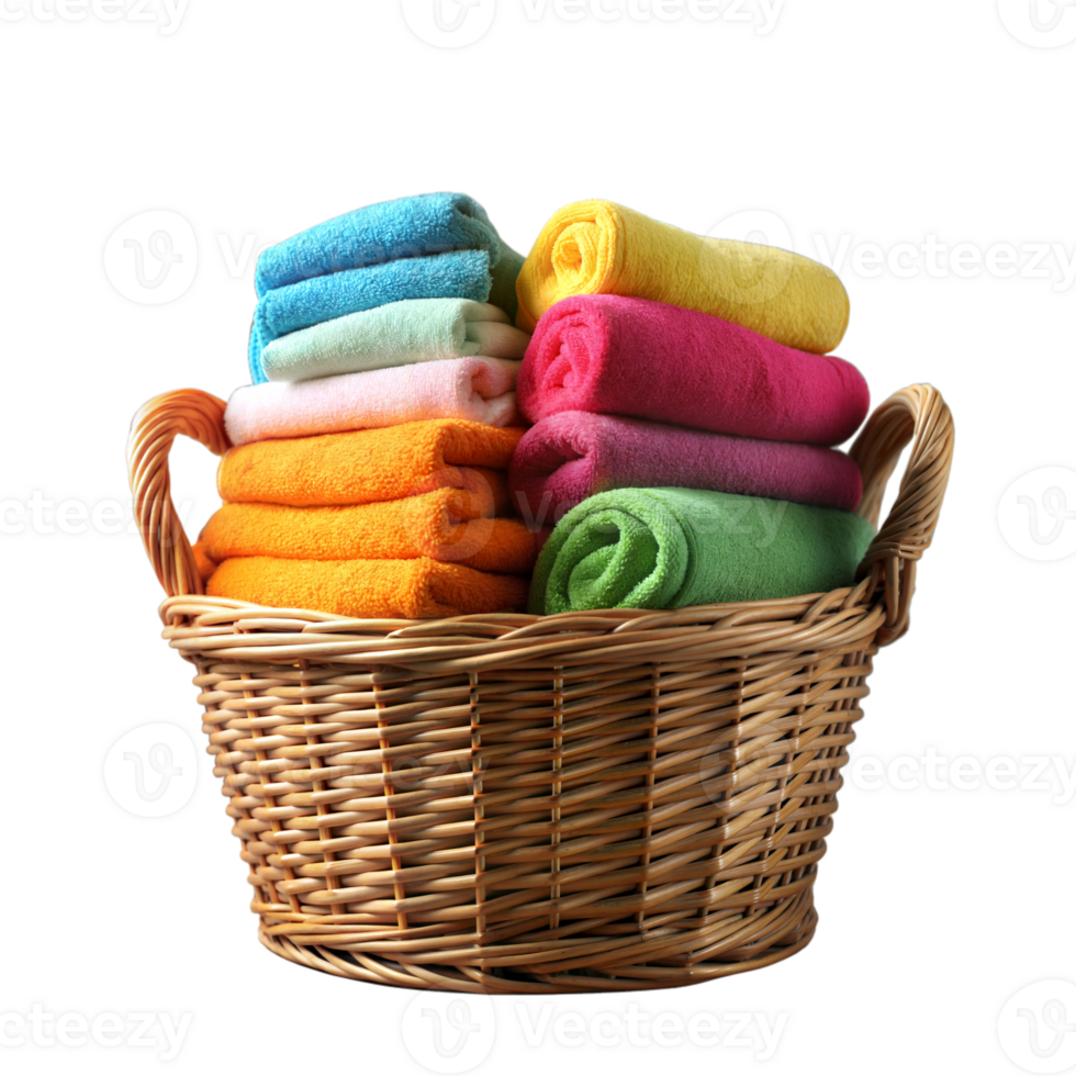 Colorful Rolled Towels Neatly Arranged in a Wicker Basket png
