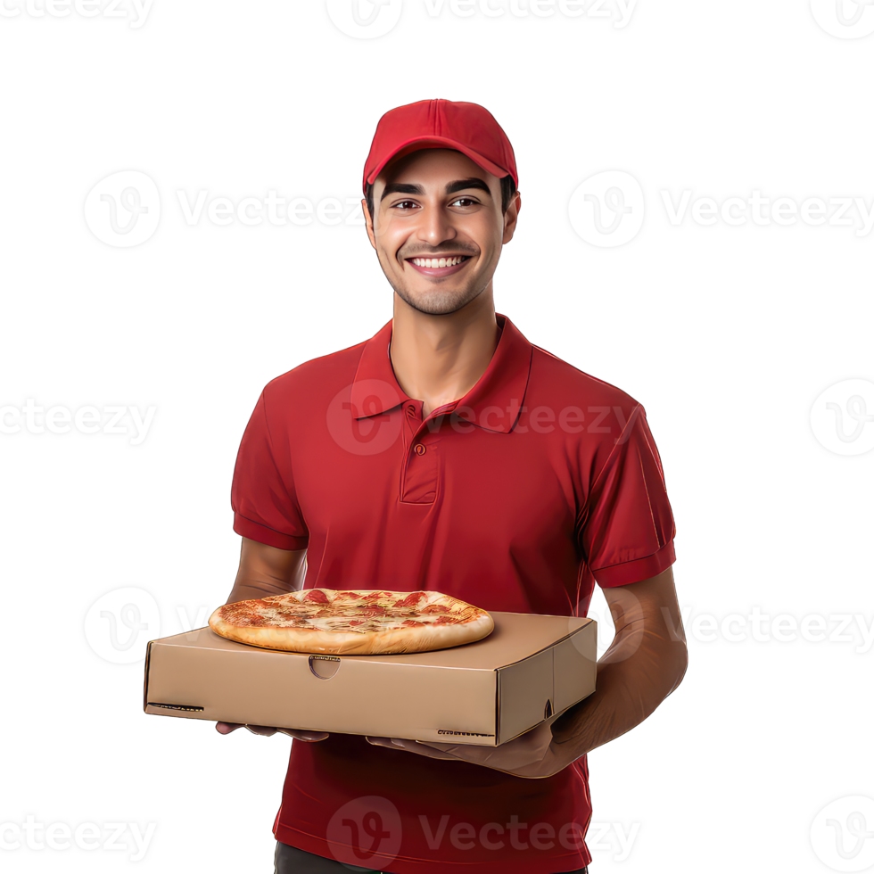 Delivery man in red uniform holding pizza box on transparent background png