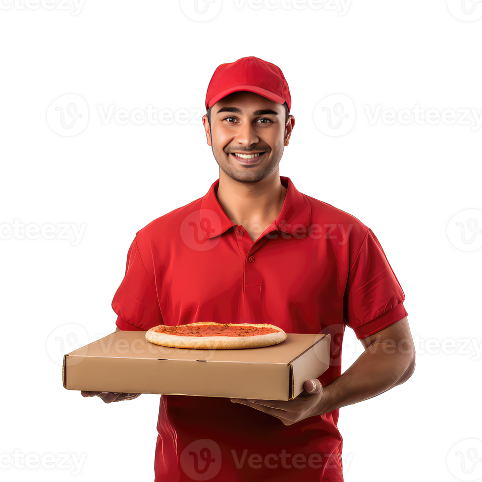 Delivery man in red uniform holding pizza box on transparent background png