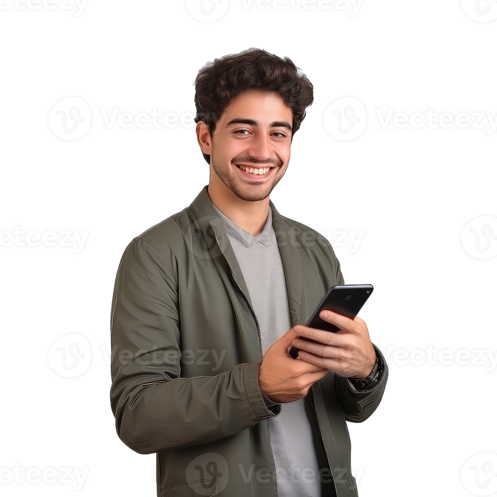 Portrait of happy young man using mobile phone on transparent background png