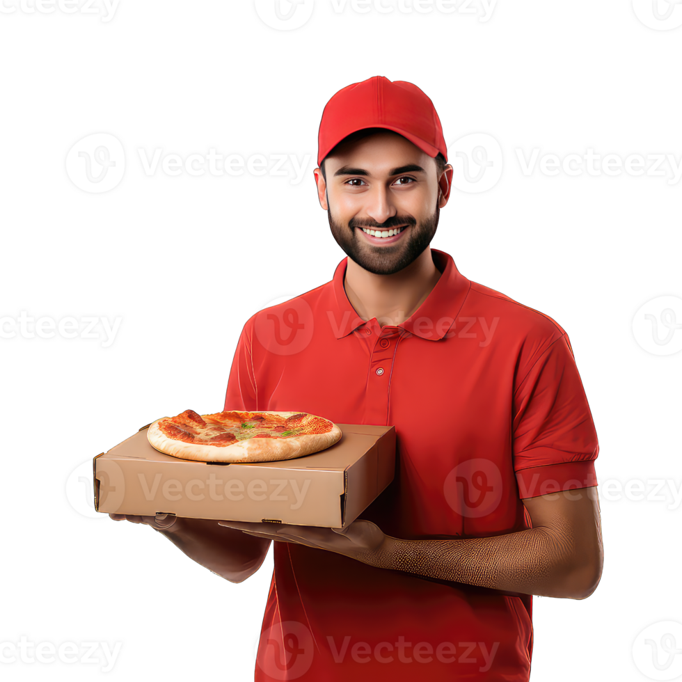 Delivery man in red uniform holding pizza box on transparent background png