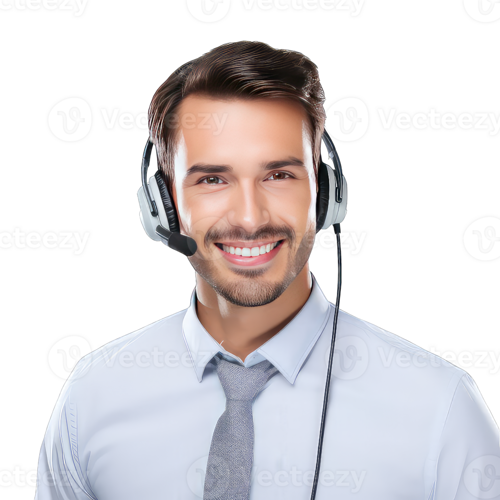Young happy smiling customer support phone operator in headset on