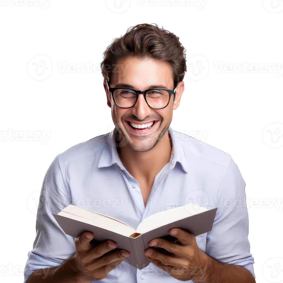 Portrait of a young man reading a book on transparent background png