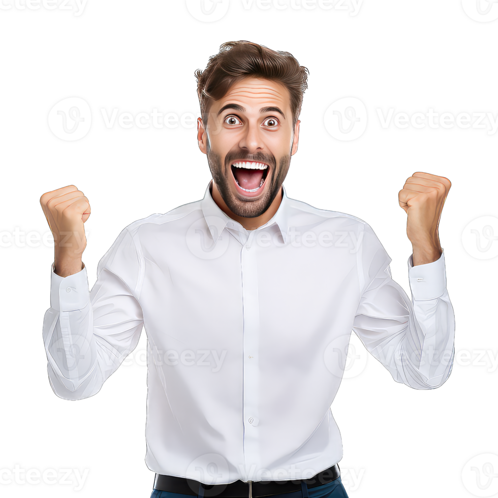 Excited young businessman celebrating success on transparent background png