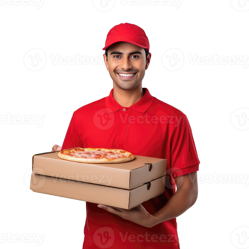 Delivery man in red uniform holding pizza box on transparent background png