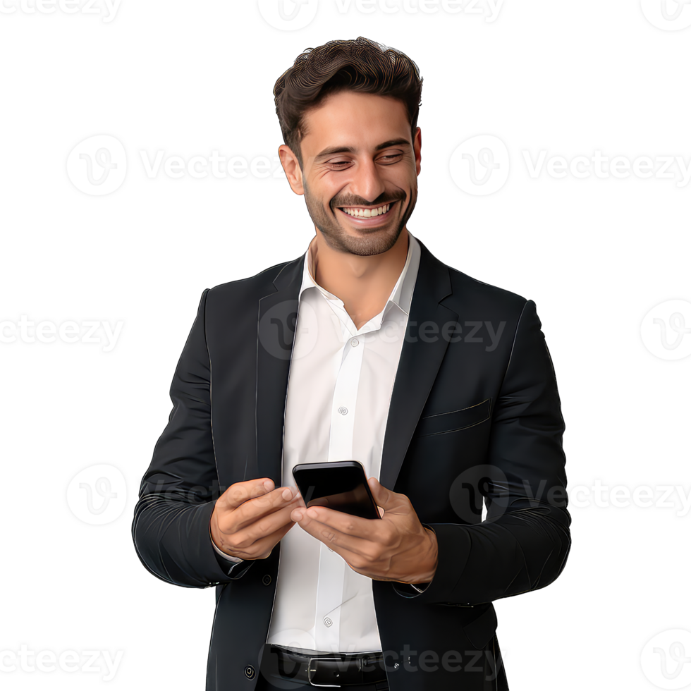 Portrait of happy young man using mobile phone on transparent background png