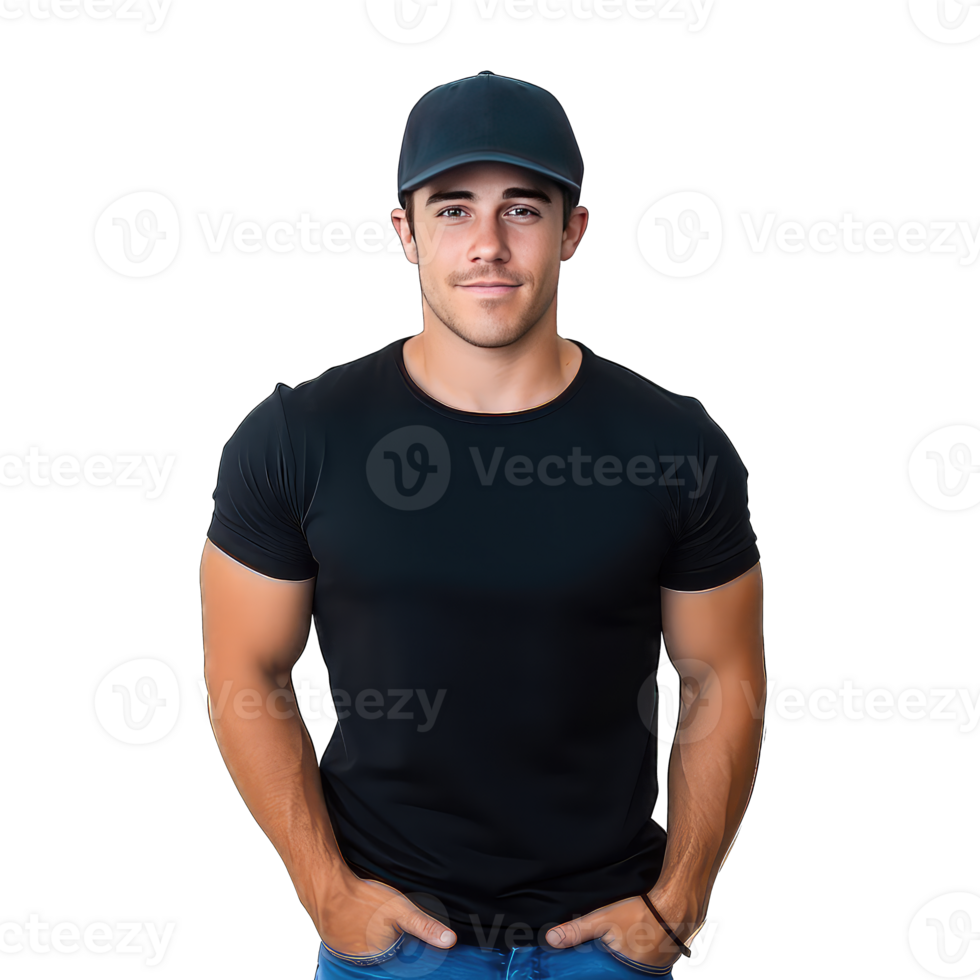 Portrait of a handsome man wearing a cap and black tshirt on transparent background png