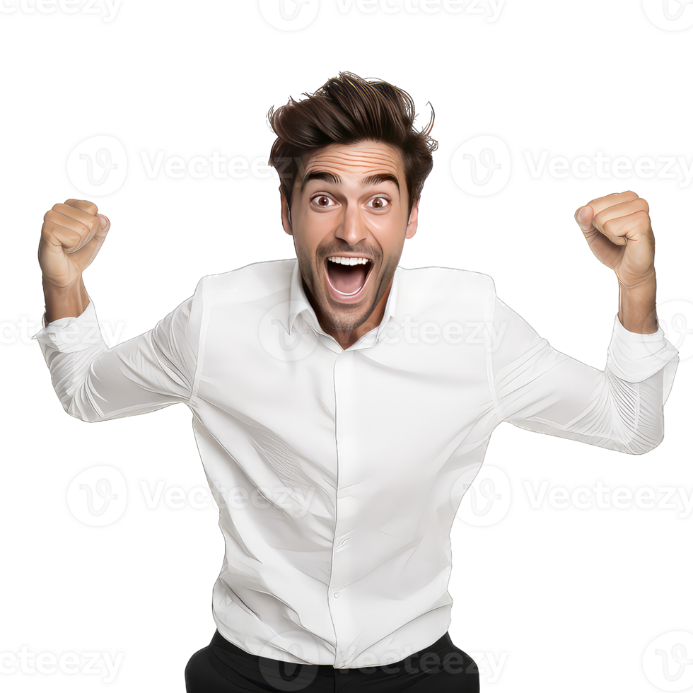 Excited young businessman celebrating success on transparent background png