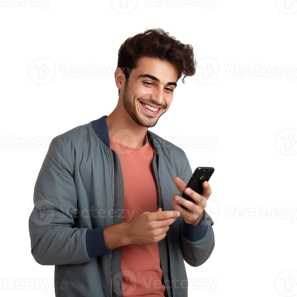Portrait of happy young man using mobile phone on transparent background png