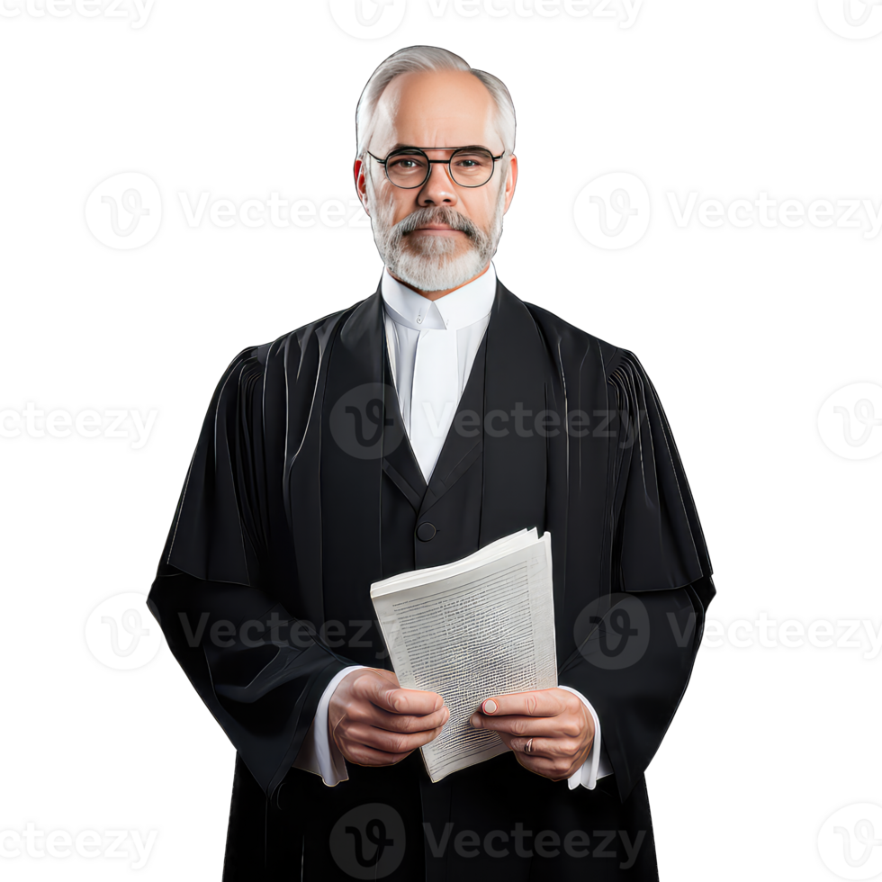 Portrait of senior judge in black gown and eyeglasses holding a newspaper transparent background png