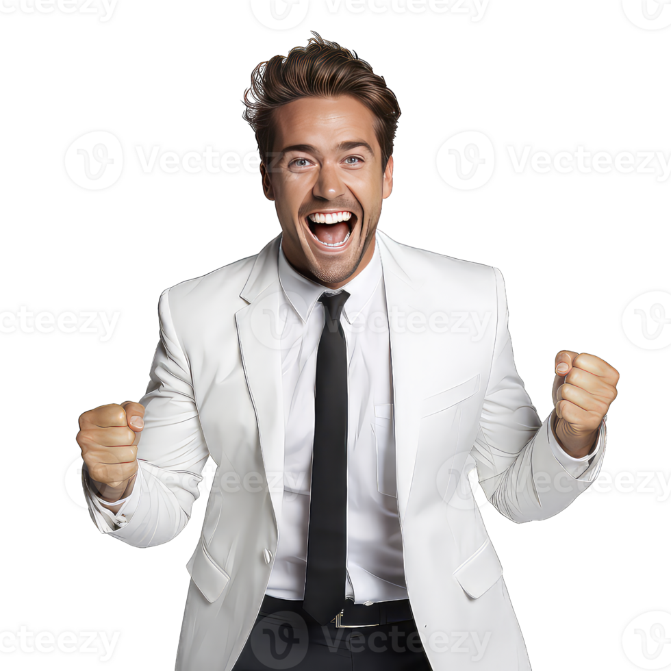 Excited young businessman celebrating success on transparent background png