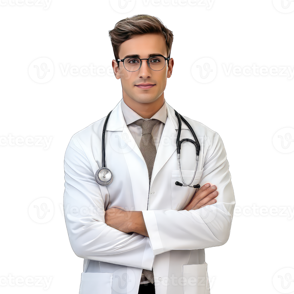Young handsome doctor with stethoscope on transparent background png