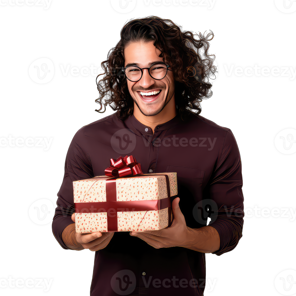 Handsome man holding a gift box and laughing on transparent background png