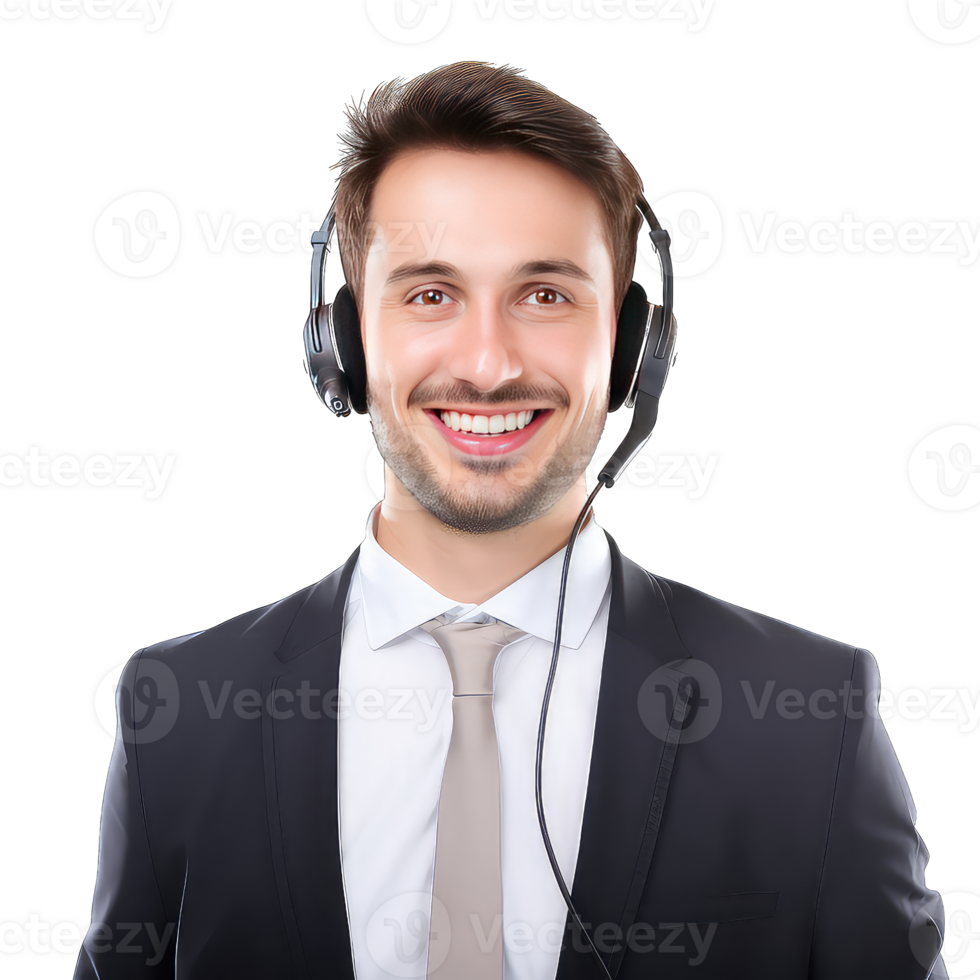 Young happy smiling customer support phone operator in headset on
