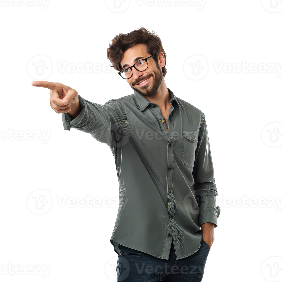 Handsome man pointing to the lateral on transparent background png
