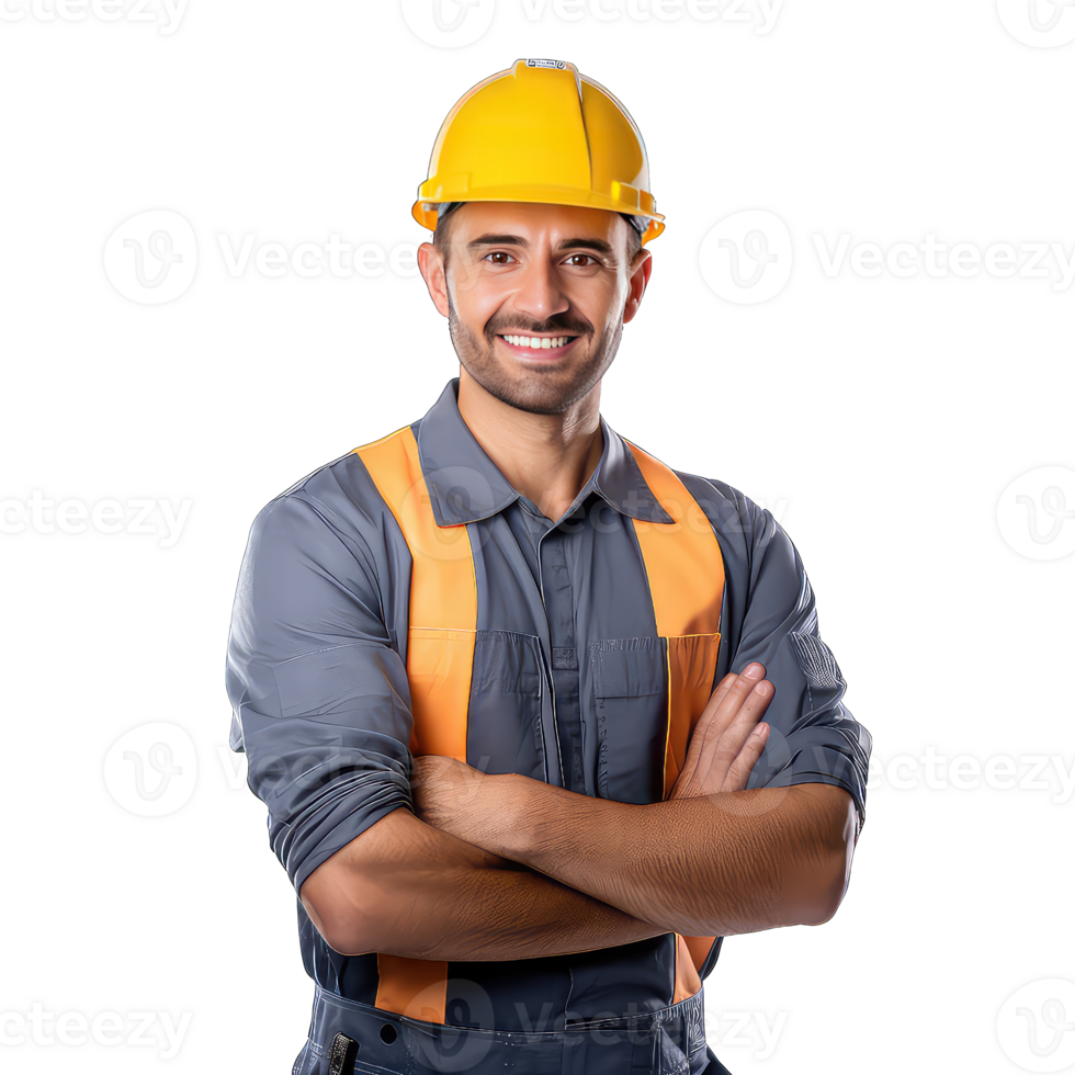 Men wear vest jacket on yellow helmet worker on transparent background png