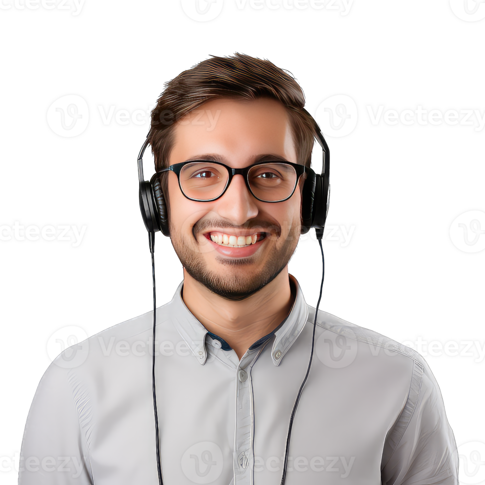 Young happy smiling customer support phone operator in headset on transparent background png