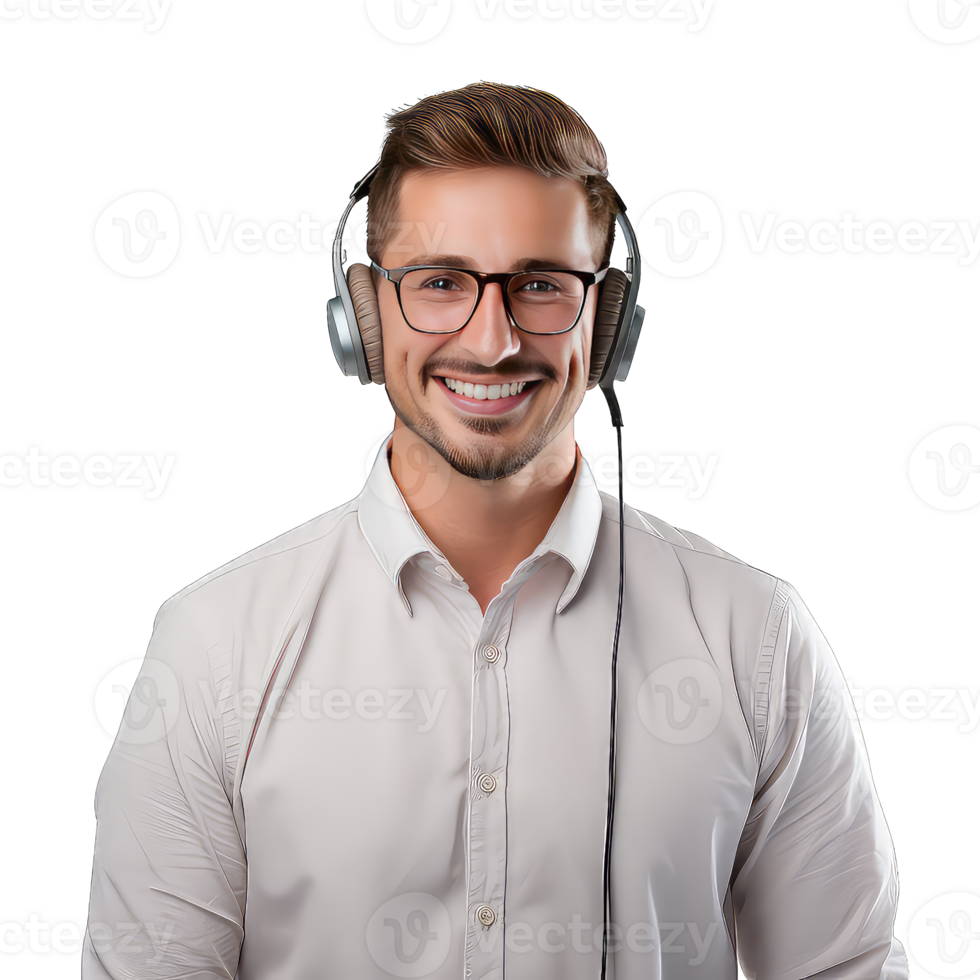 Young happy smiling customer support phone operator in headset on