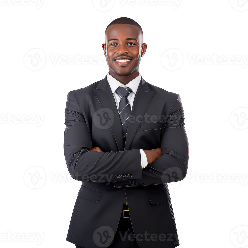 Black businessman with crossed arms on transparent background png