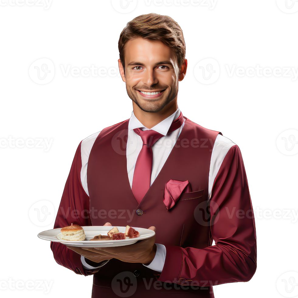 Portrait of happy smiling young waiter, holding plate with pancakes png