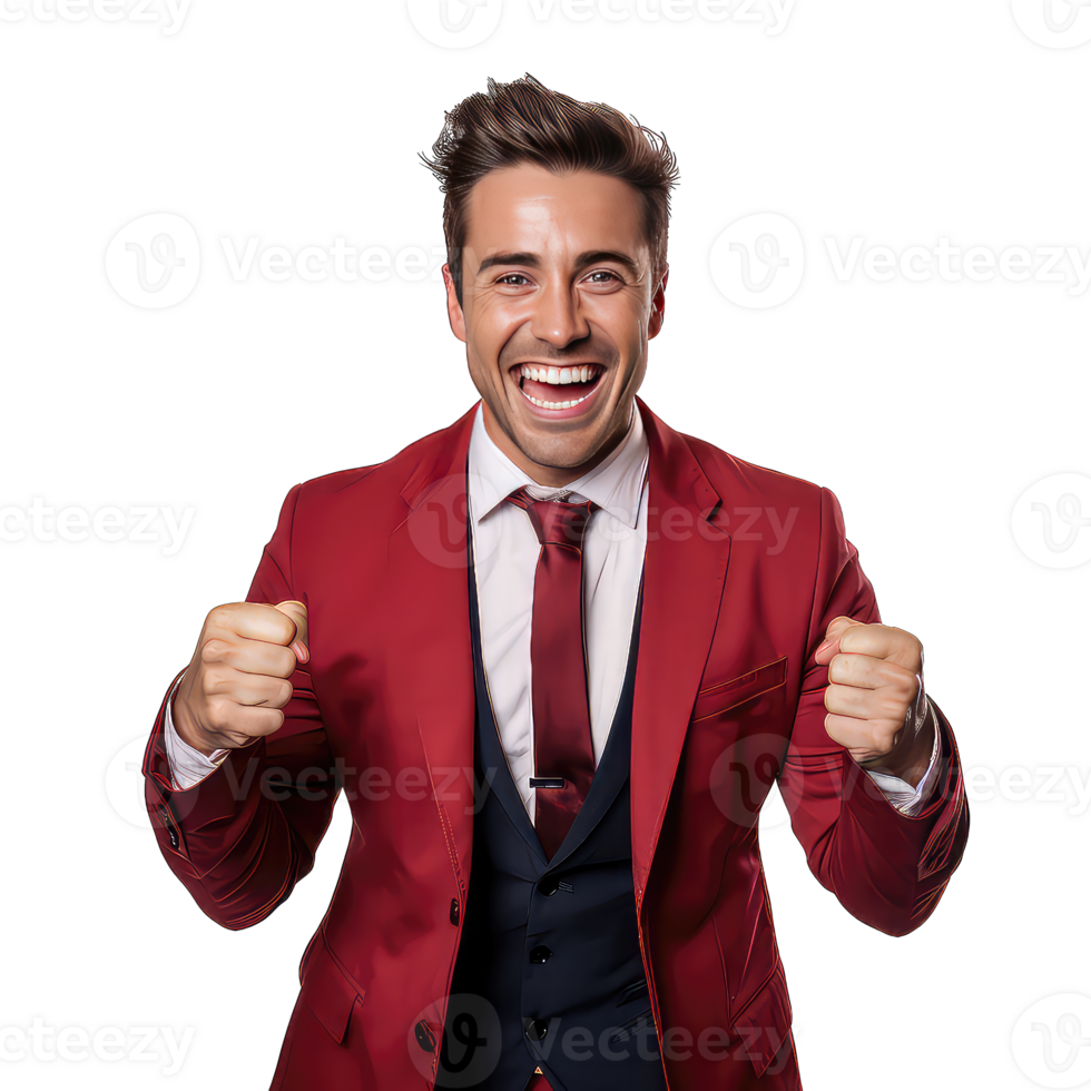 excited young business man in red suit looking at camera and clenching fists on transparent background png