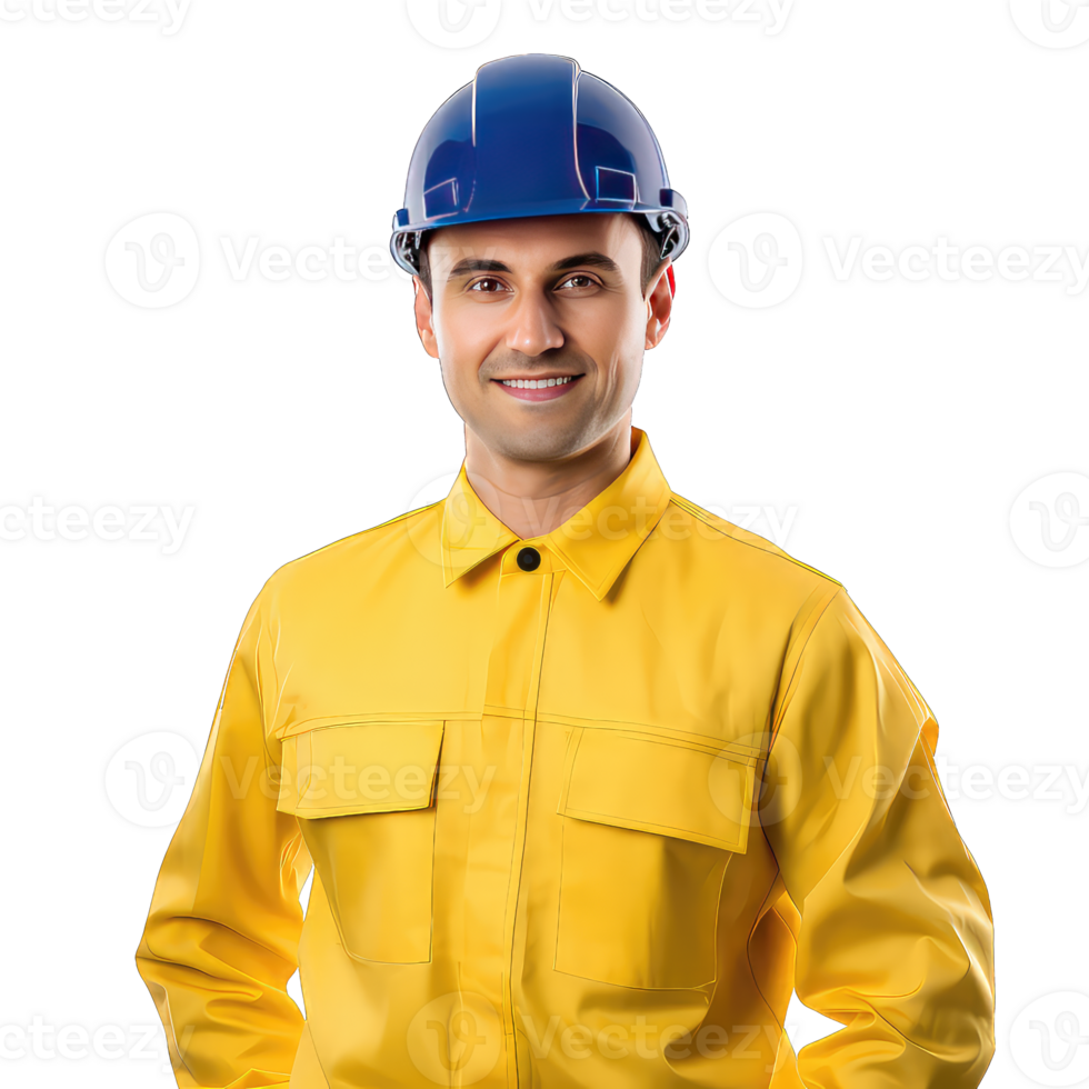 Portrait of happy worker in yellow uniform on transparent background png