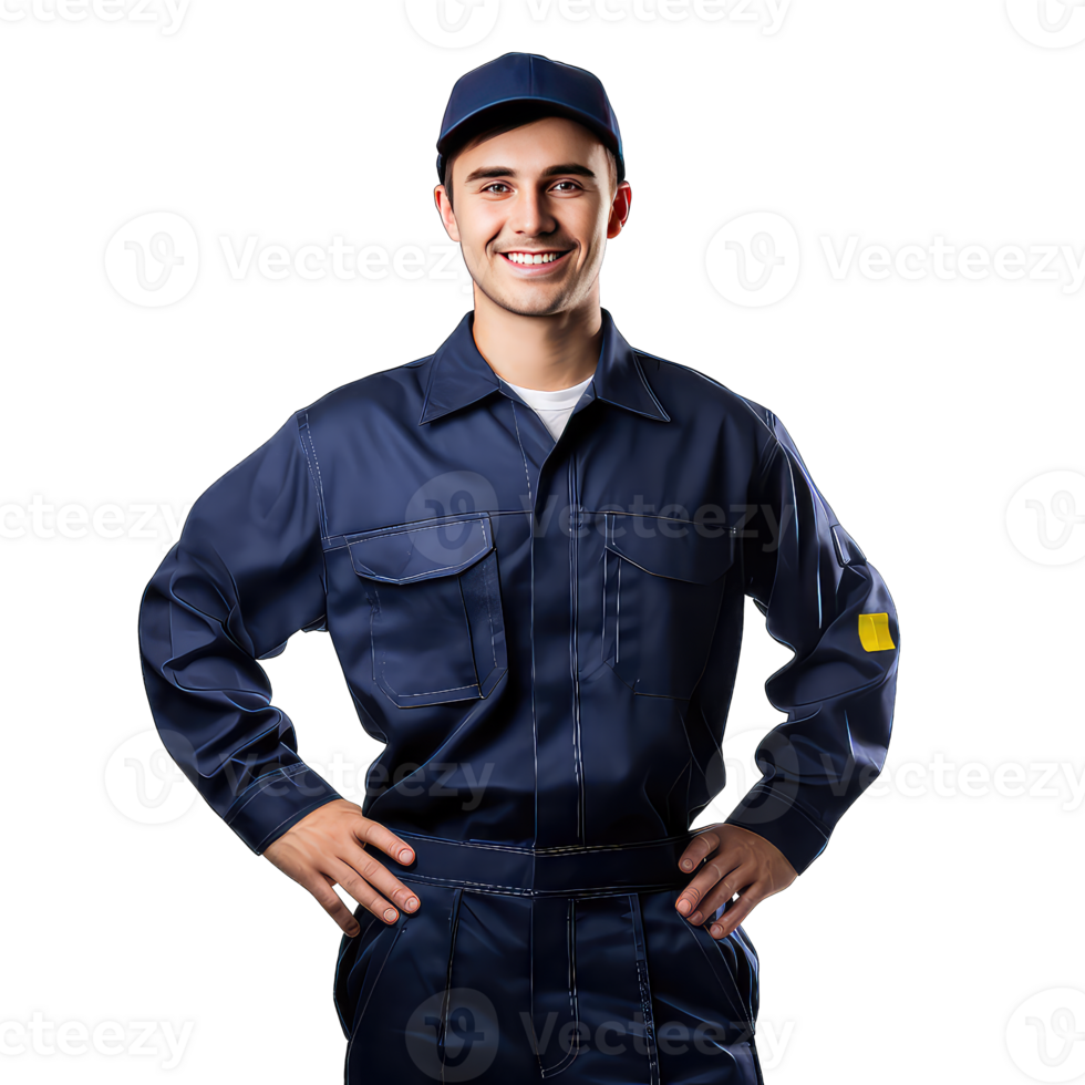 Portrait of a smiling security guard standing with hands on hips png