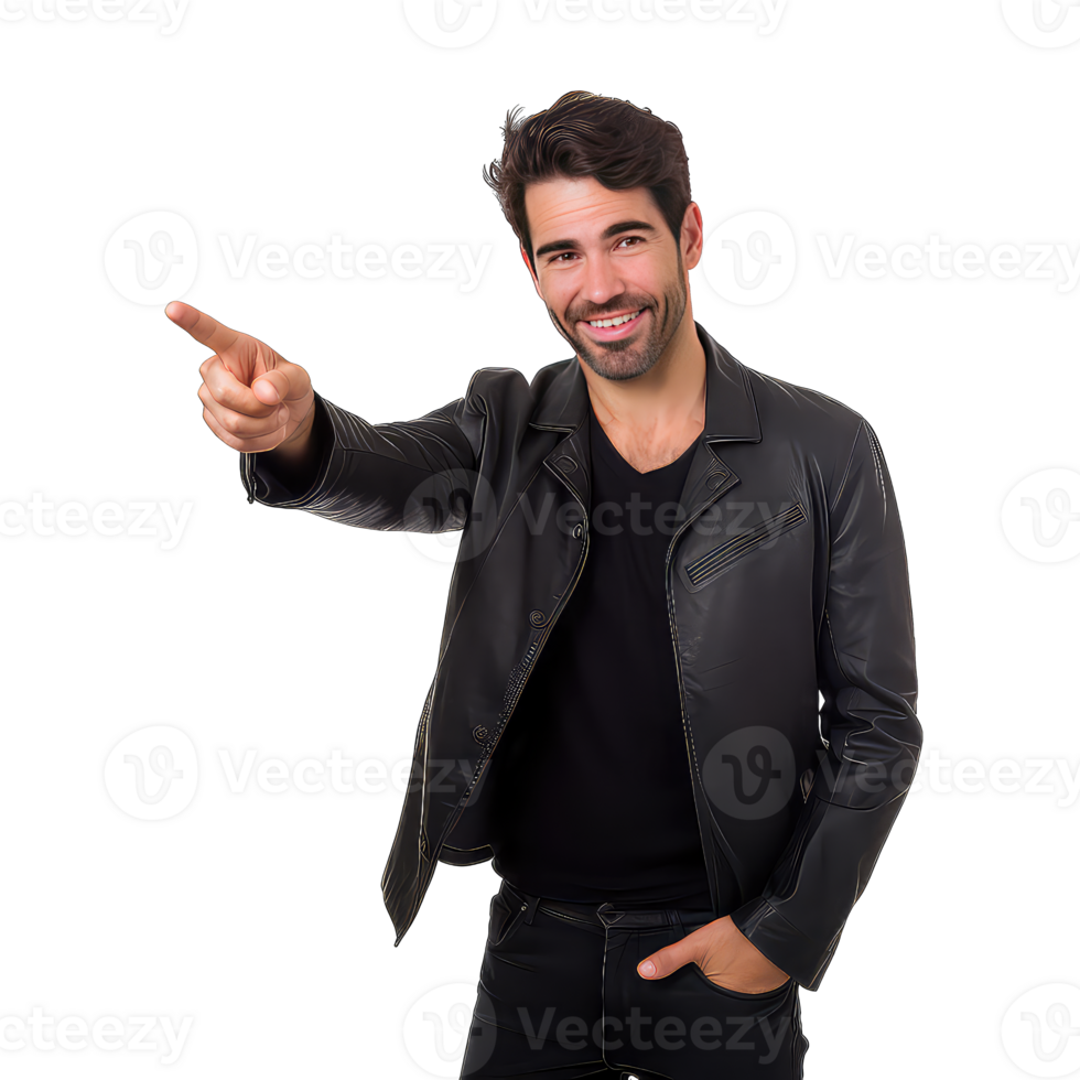 Handsome man pointing to the lateral on transparent background png