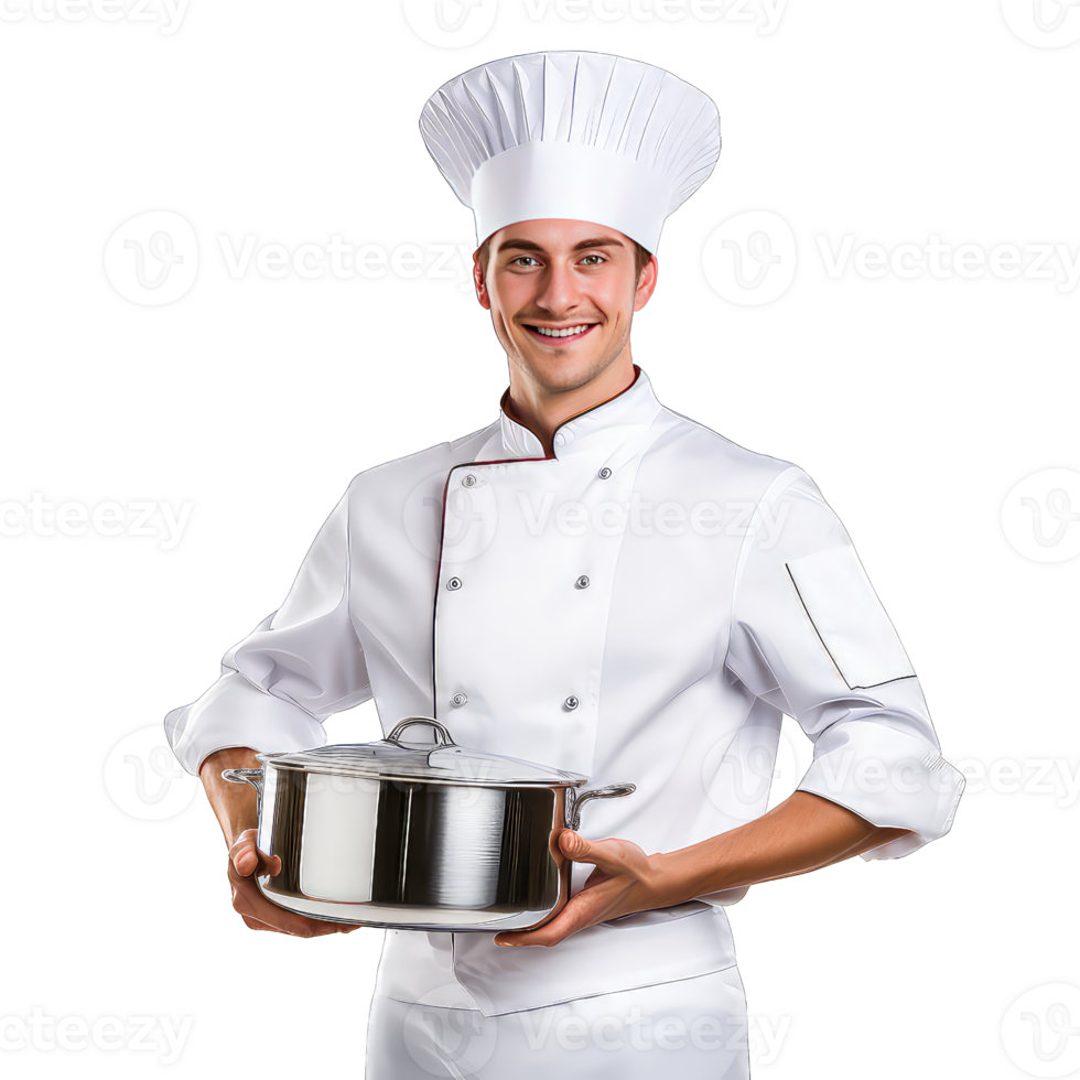 cooking profession and people concept - happy male chef cook with pot on transparent background png
