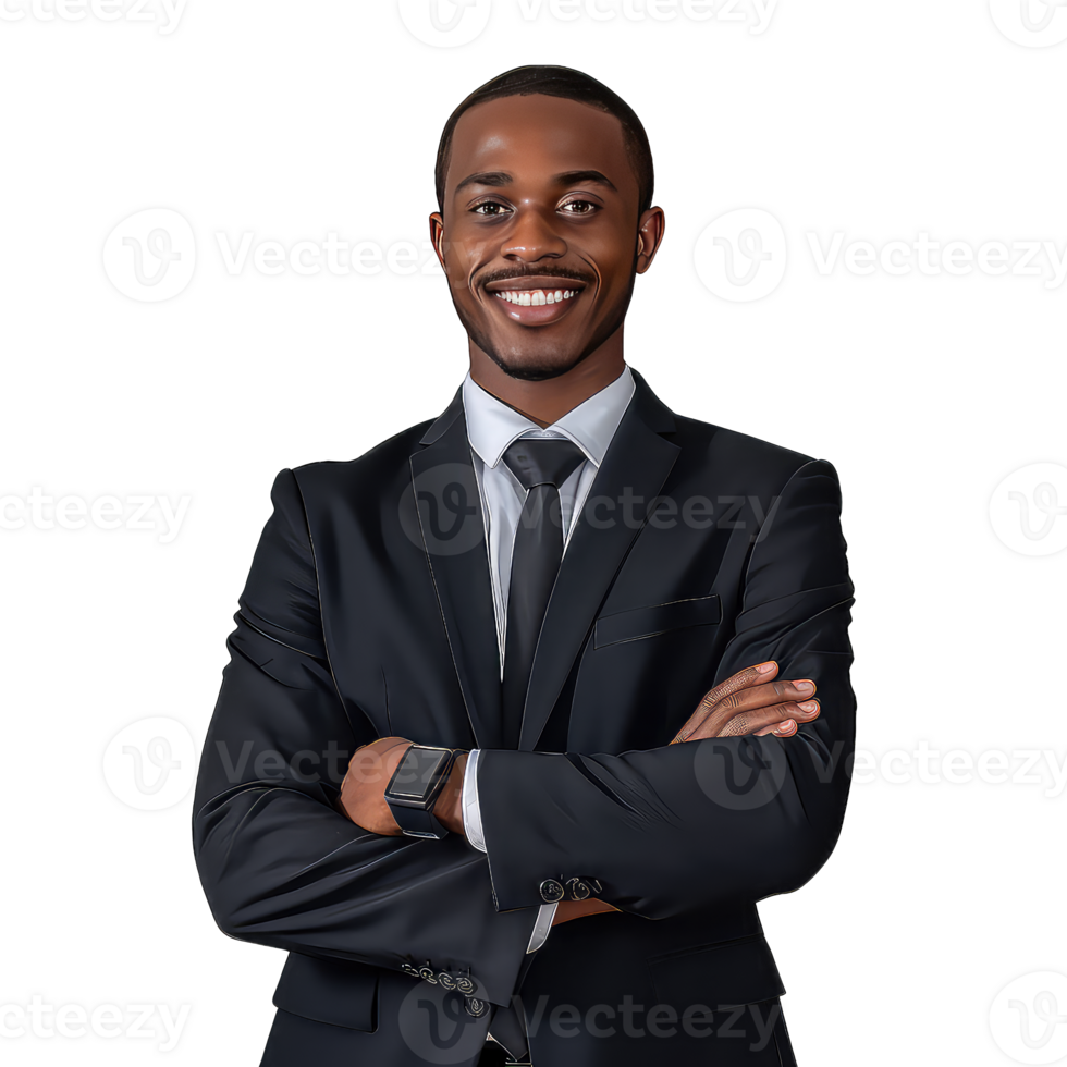Black businessman with crossed arms on transparent background png